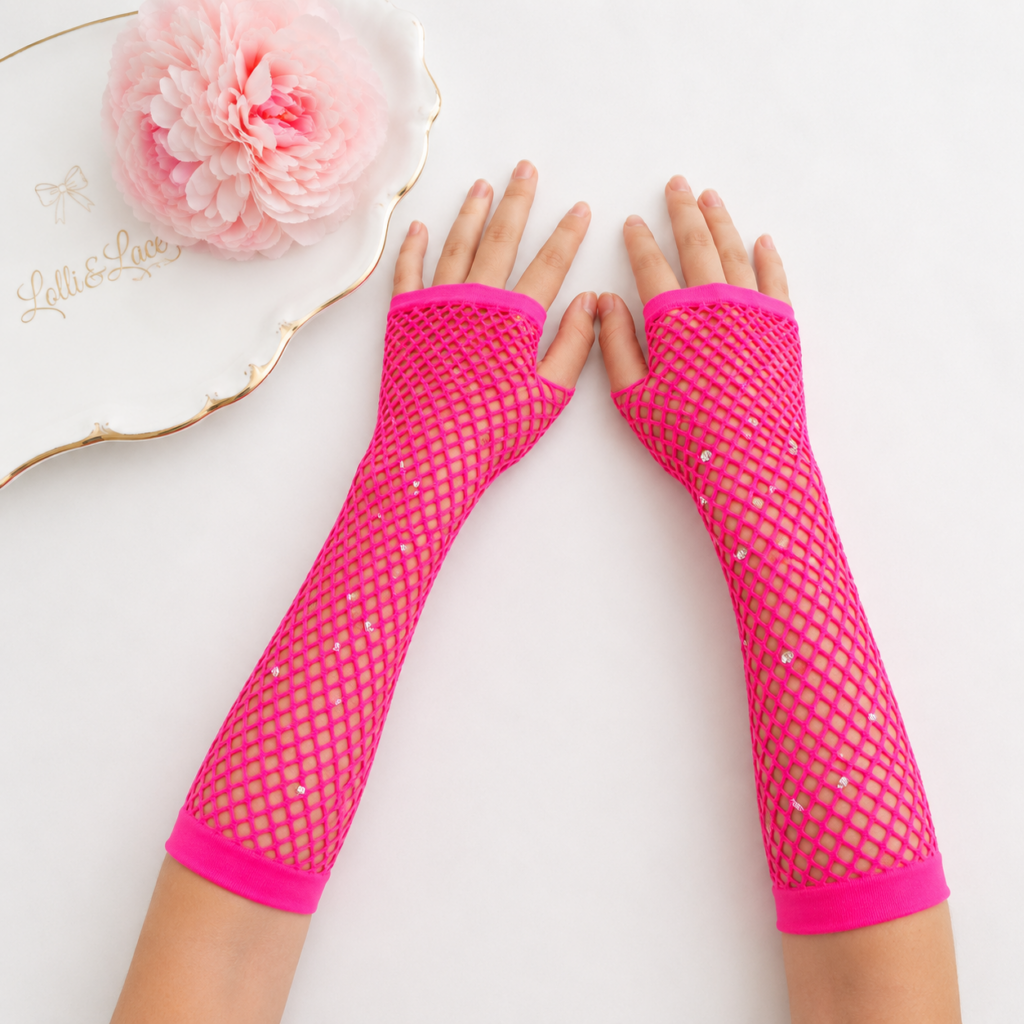 Hot Pink Sparkle Rhinestone Fishnet Fingerless Gloves for Girls