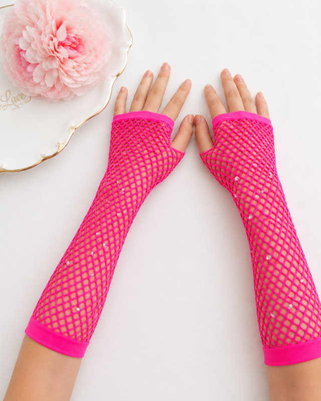 Hot Pink Sparkle Rhinestone Fishnet Fingerless Gloves for Girls