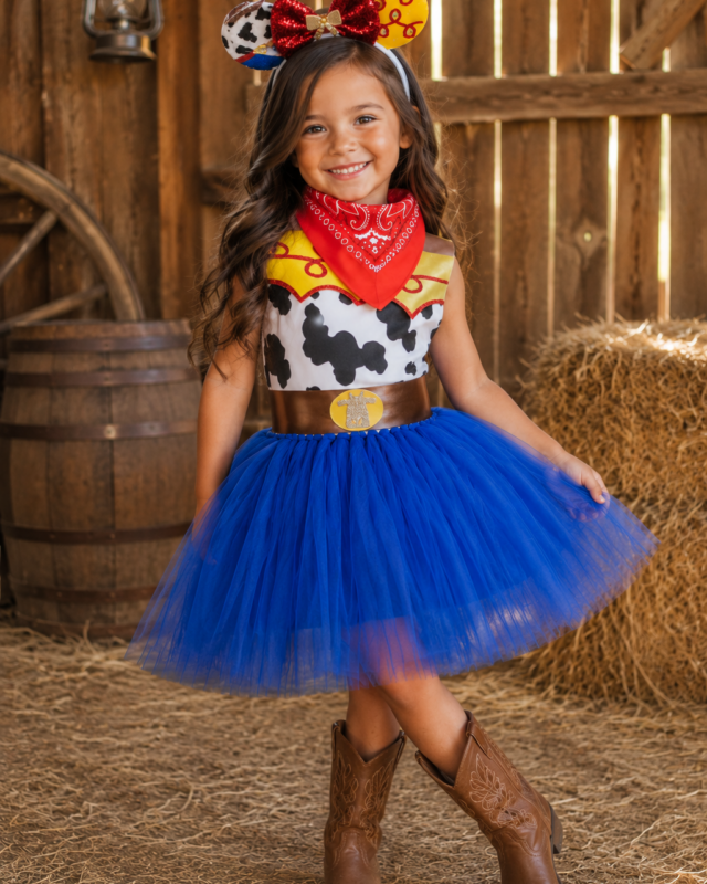 A young girl modeling a Woody-inspired cowboy costume in a barn setting. The costume features a cow-print bodysuit with a red bandana, a gold belt, a bright blue tutu skirt, and brown cowboy boots.