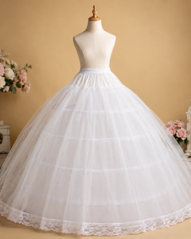 A white underbust skirt with a lace-trimmed hem displayed on a dress form mannequin against a warm beige background, with decorative flowers and vintage-style furniture in the scene.