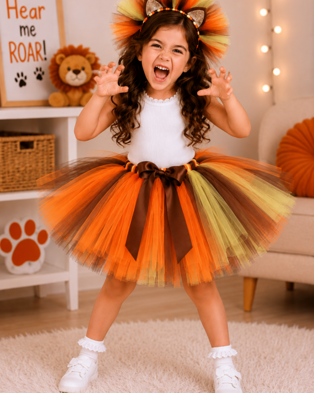 A young girl wearing a lion costume with a white top, a brown and orange tulle tutu skirt, and a matching lion headband, posing excitedly in a child's room.