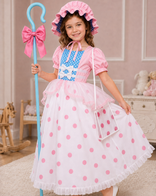 Girl wearing Little Bo Peep costume dress and matching hat for Halloween