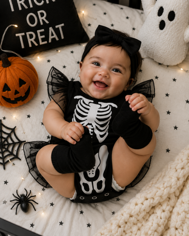 Little Bones black skeleton Halloween romper for baby with white bone print, ruffle straps and black tulle skirt