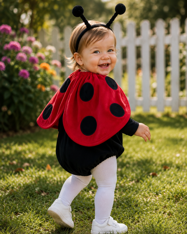 Little Ladybug Love baby costume with black romper red spotted cape and antenna headband