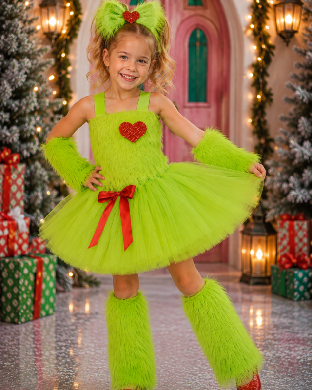 Little Miss Grinchmas green tutu dress and Christmas costume accessory set for girls