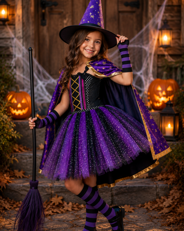 A young girl wearing a purple and black witch costume stands on outdoor stone steps decorated with cobwebs, jack-o'-lanterns, and lanterns. She holds a purple broom and wears a pointed purple hat, black-and-purple striped socks, and black shoes.