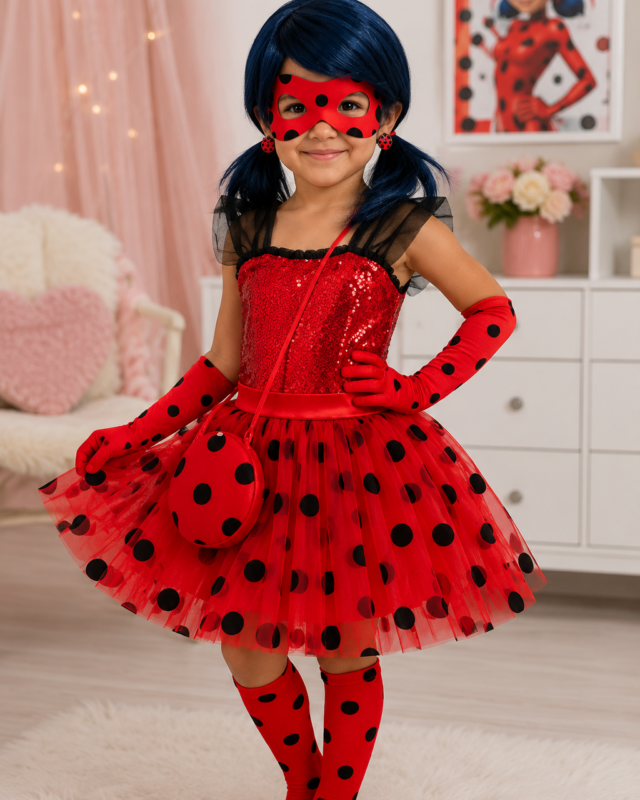 Miraculous Ladybug inspired superhero tutu dress costume set for girls with mask, wig, gloves, socks and accessories