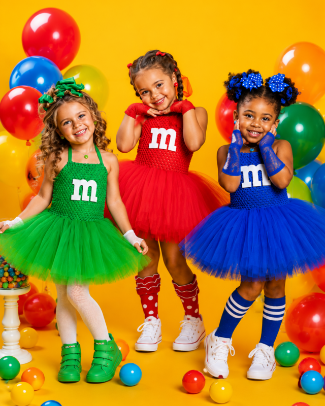 Three young girls modeling colorful M&M-themed tutu dresses in green, red, and blue, standing on a bright yellow background with balloons and candy balls.