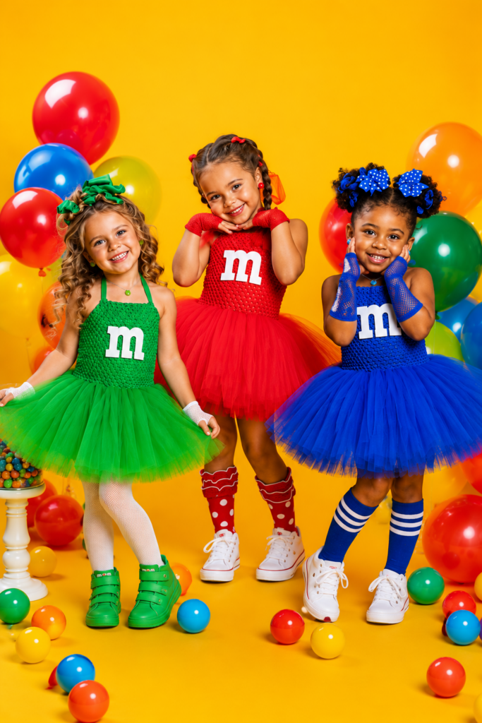 Three young girls modeling colorful M&M-themed tutu dresses in green, red, and blue, standing on a bright yellow background with balloons and candy balls.