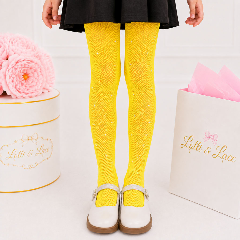 Neon Yellow Sparkle Rhinestone Fishnet Tights for Girls
