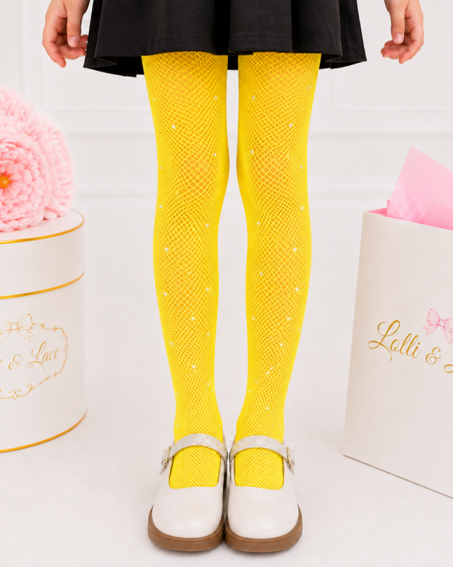 Neon Yellow Sparkle Rhinestone Fishnet Tights for Girls