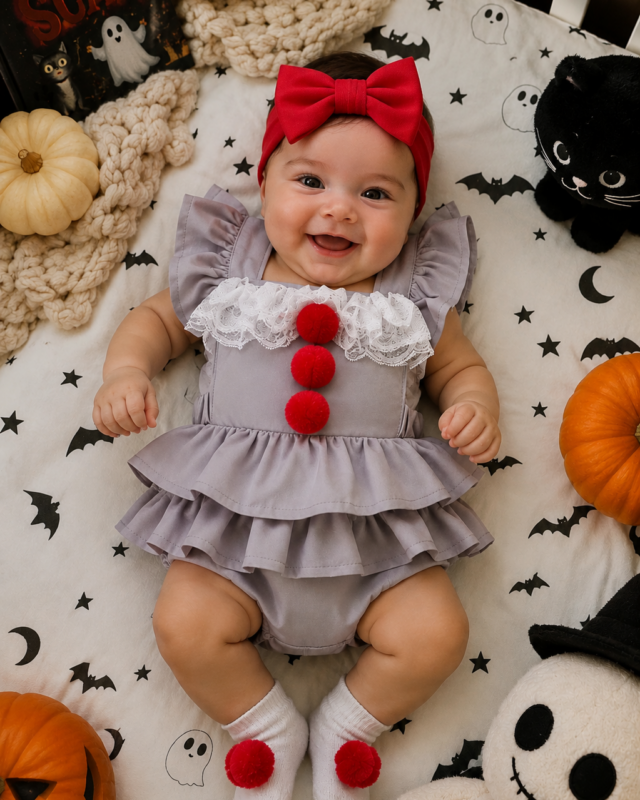Pennywise inspired baby Halloween romper with gray ruffles, white lace collar and red pom pom details