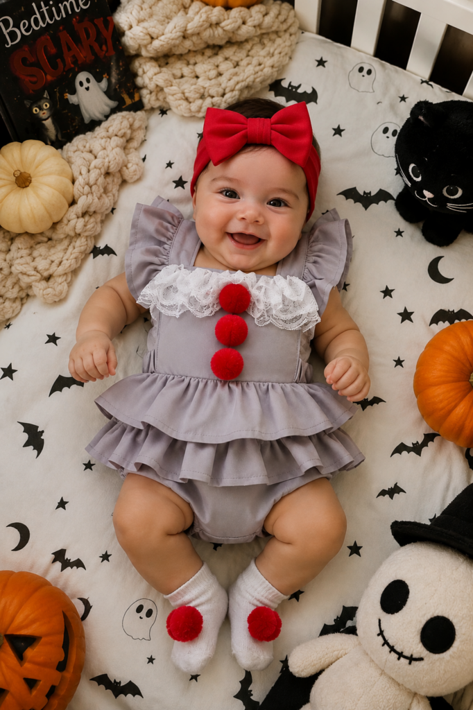 Pennywise inspired baby Halloween romper with gray ruffles, white lace collar and red pom pom details