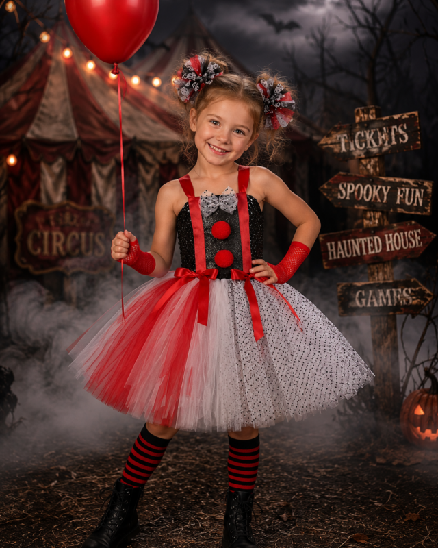 A young girl in a Halloween clown costume stands in a spooky circus-themed setting holding a red balloon. The costume features a black and white polka-dot bodice with red polka dots and red straps, a red and white polka-dot tutu skirt, red arm warmers, and red-and-black striped socks.