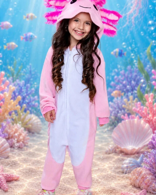 Pink Axolotl Hooded Costume for Kids & Adults – Cozy Animal Onesie Halloween Outfit