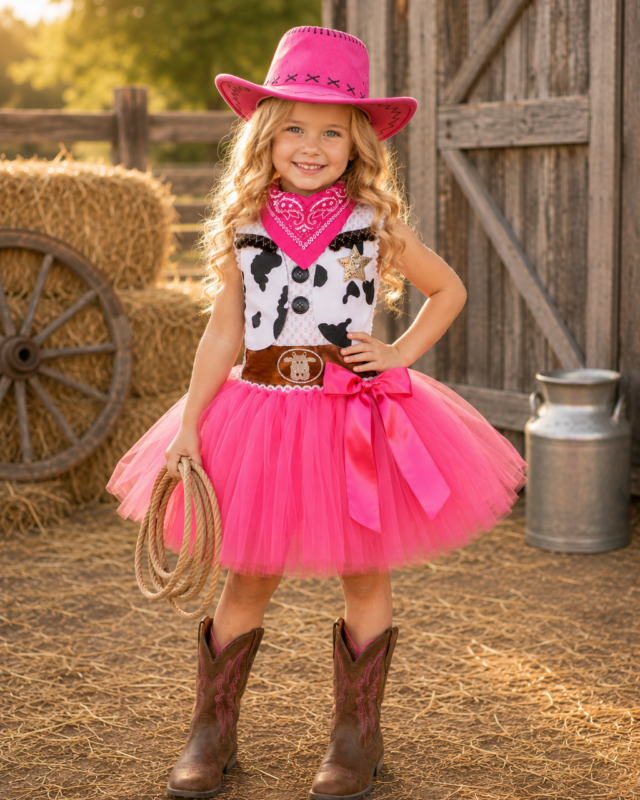 A young girl modeling a pink and black cowgirl costume in a rustic barn setting. The costume includes a bright pink cowboy hat, pink bandana, black and white cow print top, pink tutu skirt with a large pink bow, and a brown faux-leather belt.