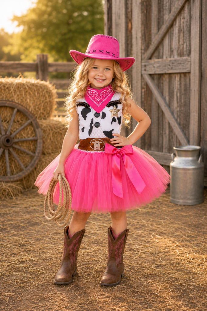 A young girl modeling a pink and black cowgirl costume in a rustic barn setting. The costume includes a bright pink cowboy hat, pink bandana, black and white cow print top, pink tutu skirt with a large pink bow, and a brown faux-leather belt.