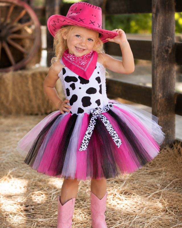 Girls pink cowgirl tutu costume with cow print dress pink cowboy hat and bandana