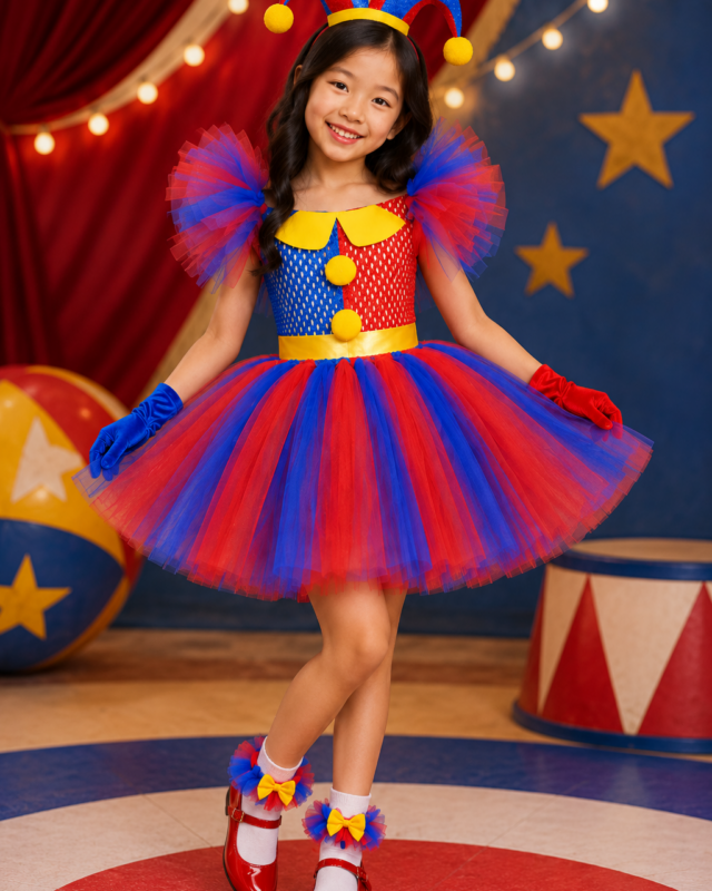 Pomni inspired red and blue tutu dress costume set for girls with jester headband and matching gloves