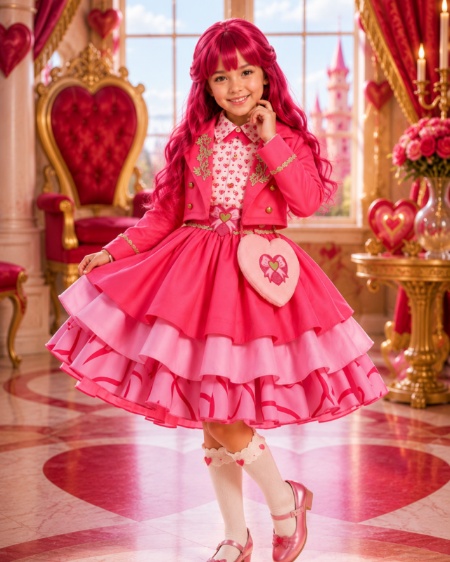 A young girl with long pink hair stands in a heart-themed room wearing a bright pink Lolita-style outfit with a tiered skirt, matching jacket, white knee socks, pink shoes, and a heart-shaped pink bag.