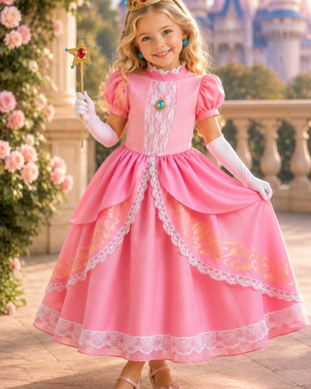 Princess Peach costume dress and accessory set for girls with crown gloves wand and earrings