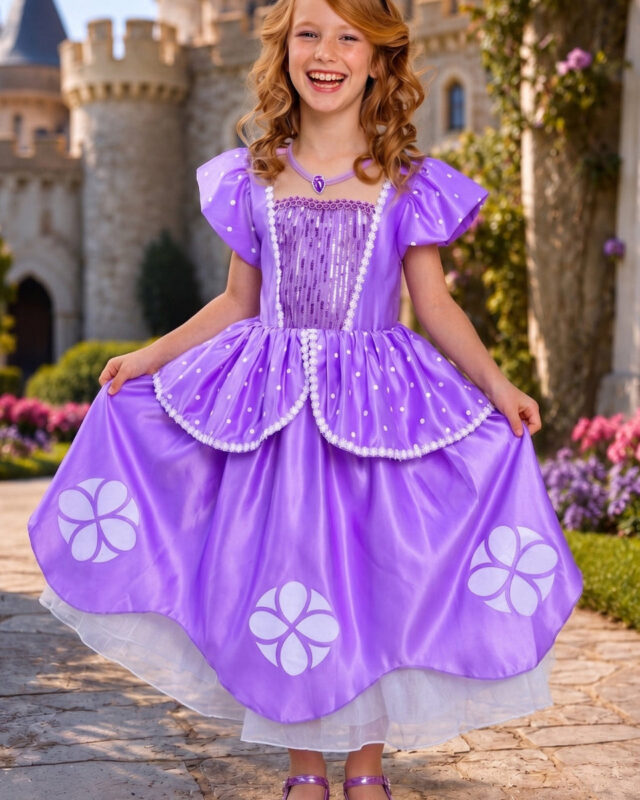 Princess Sofia Inspired Costume Set for Girls – Lavender Royal Dress, Tiara, Wand, Gloves, Purse & Jewelry