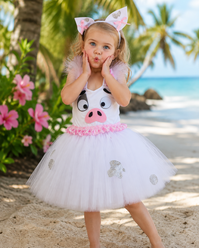 Pua inspired tutu dress and headband costume for girls with white tulle skirt and pink pig details