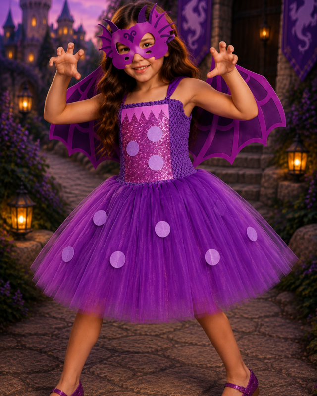 Purple dragon tutu dress costume for girls with matching dragon wings and mask