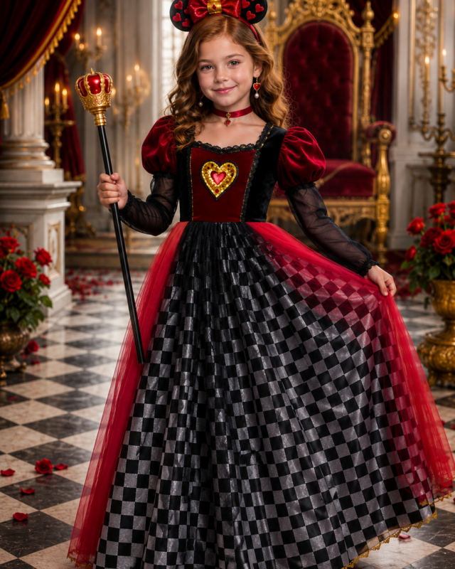 Girls Queen of Hearts costume dress with crown scepter and accessories