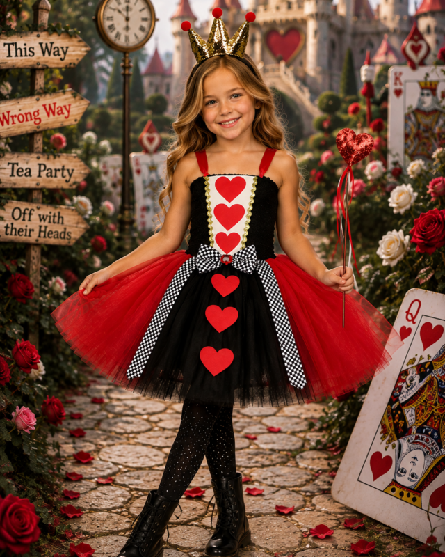 A young girl wearing a Queen of Hearts costume stands in a themed outdoor scene with roses, a castle, and playing card props. The costume includes a black and red dress with red hearts, a black-and-white checkered sash, a gold crown, and black tights.