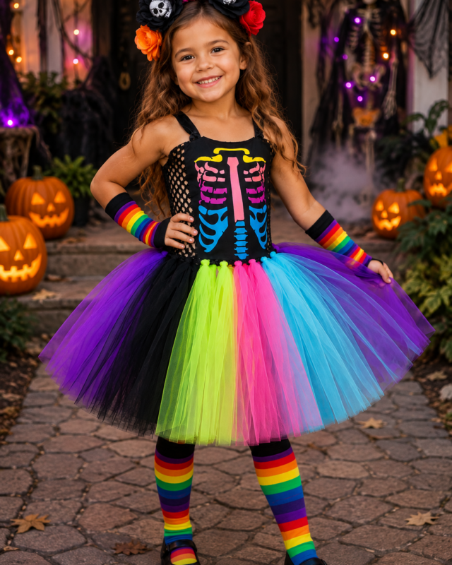 Rainbow skeleton tutu costume for girls with colorful skeleton bodice, rainbow tulle skirt, skull flower headband, striped arm warmers and stockings