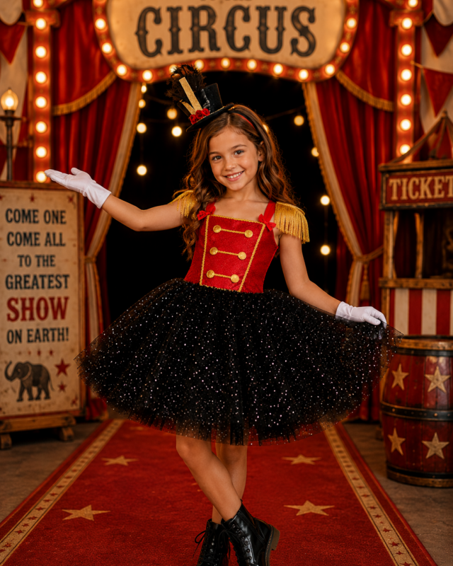 A young girl modeling a circus performer costume in a themed indoor set with a red carpet, star decorations, and a 'Welcome to the Circus' sign in the background.