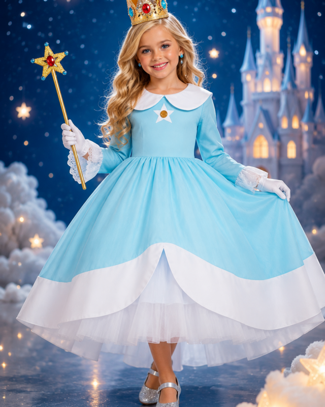 Rosalina costume for girls with blue princess dress, crown, star wand, white gloves and earrings