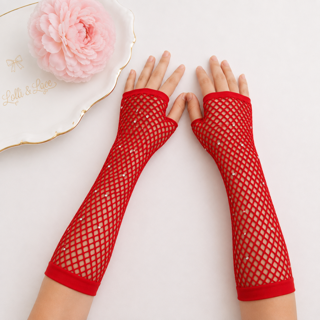 Ruby Red Sparkle Rhinestone Fishnet Fingerless Gloves for Girls