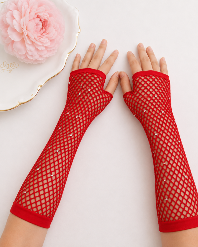 Ruby Red Sparkle Rhinestone Fishnet Fingerless Gloves for Girls