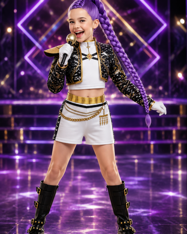 Girl wearing Rumi Demon Hunters costume with black sequin jacket white shorts purple braided wig and gloves