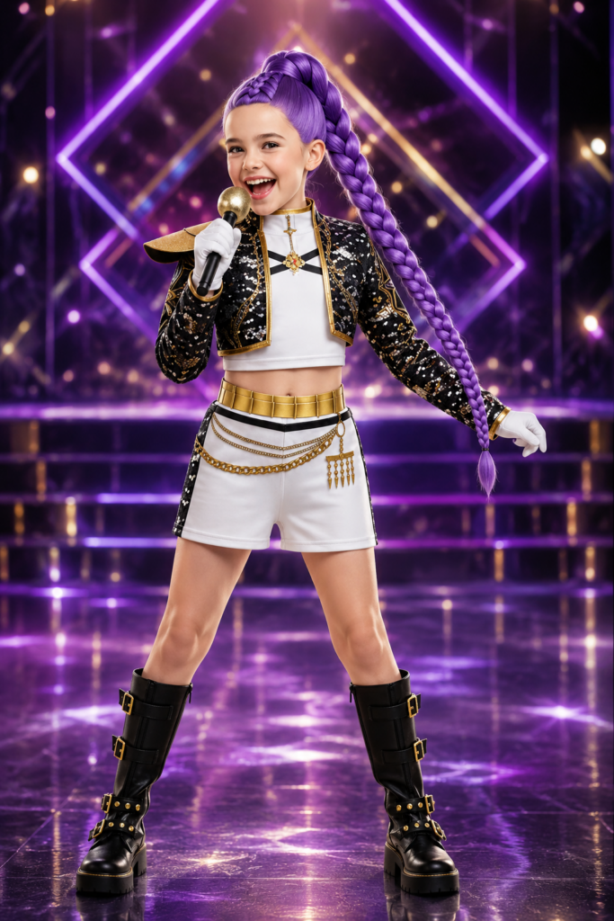 Girl wearing Rumi Demon Hunters costume with black sequin jacket white shorts purple braided wig and gloves