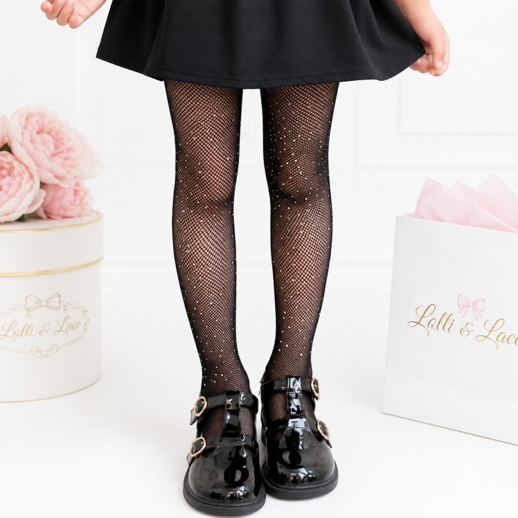 Sparkle Rhinestone Fishnet Tights for Girls β Black Glitter Dress-Up Pantyhose