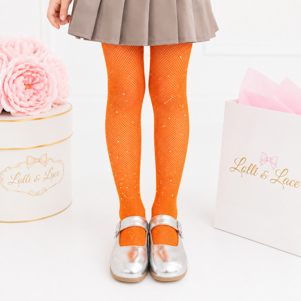 Sparkle Rhinestone Tights for Girls β Bright Orange Glitter Fishnet Pantyhose