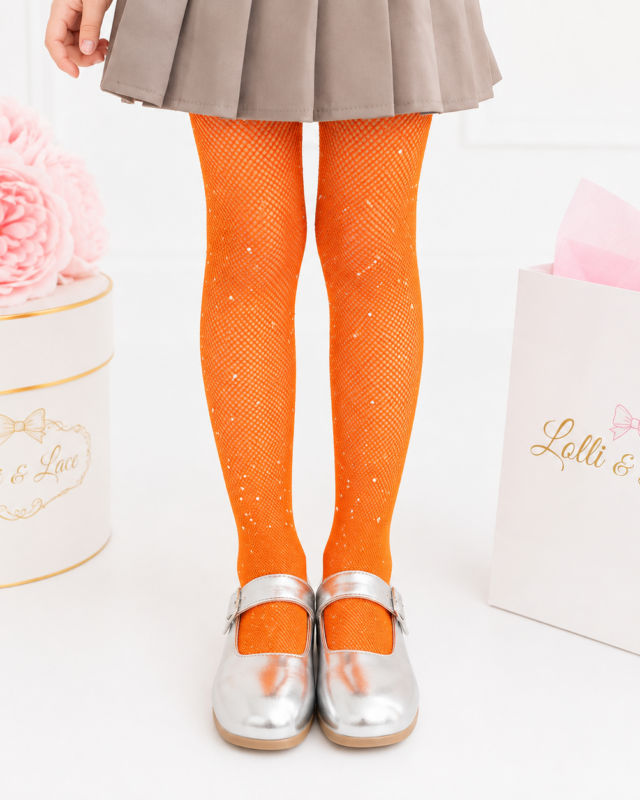Sparkle Rhinestone Tights for Girls – Bright Orange Glitter Fishnet Pantyhose