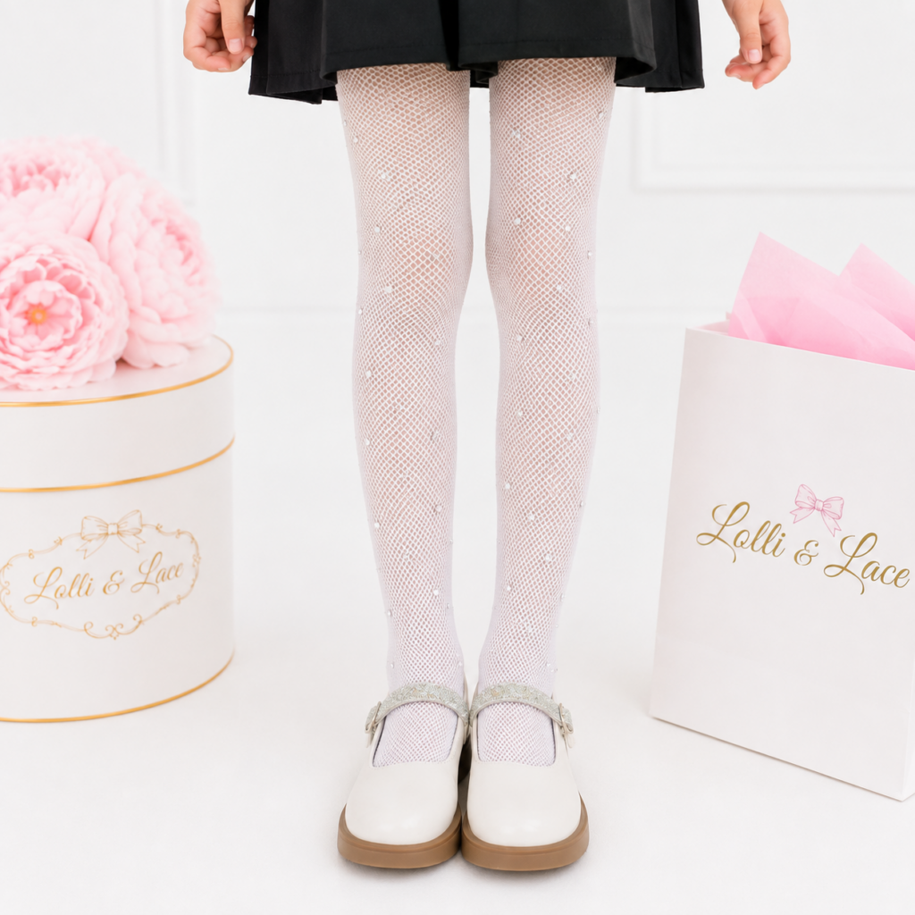 Sparkle Rhinestone Tights for Girls β White Glitter Fishnet Pantyhose