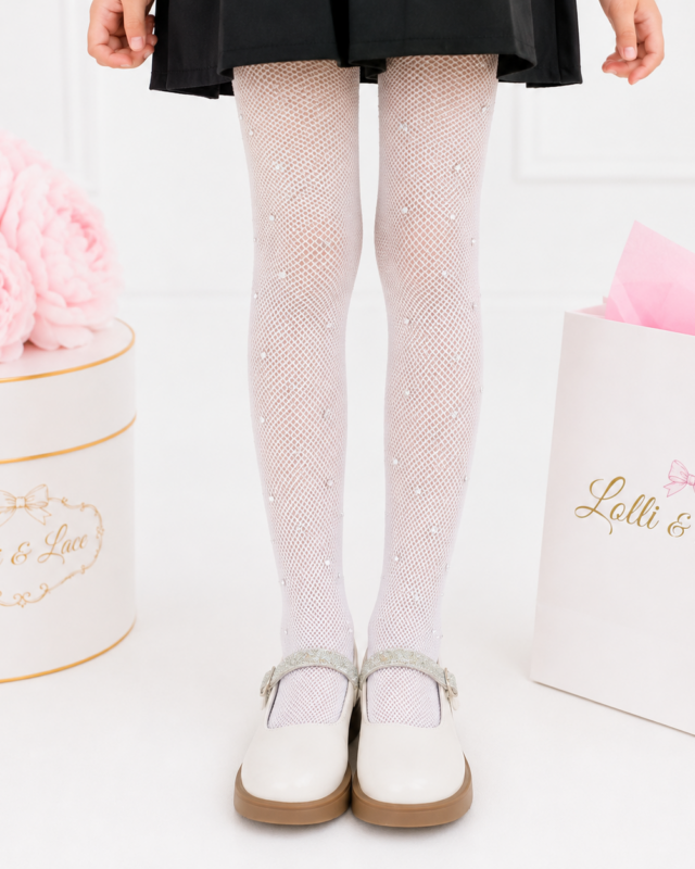 Sparkle Rhinestone Tights for Girls – White Glitter Fishnet Pantyhose