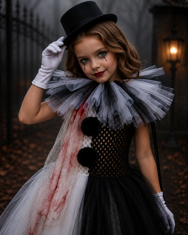 A young girl modeling a creepy clown Halloween costume in a foggy outdoor setting. The costume features a black top hat, white gloves, a black and white ruffled collar, a black fishnet bodice with black pom-poms, and a split tulle skirt that is white with a red blood-stain effect on one side.