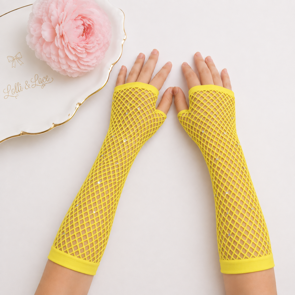 Sunshine Yellow Sparkle Rhinestone Fishnet Fingerless Gloves for Girls