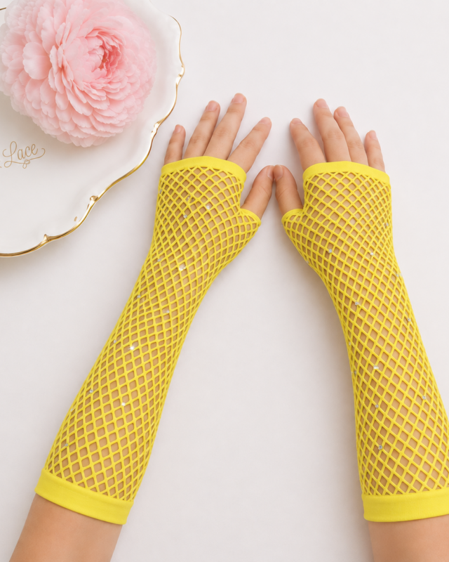 Sunshine Yellow Sparkle Rhinestone Fishnet Fingerless Gloves for Girls