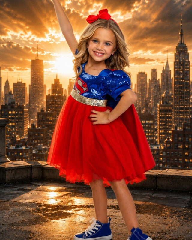 Supergirl Inspired Dress & Cape Costume for Girls – Superhero Princess Halloween Outfit