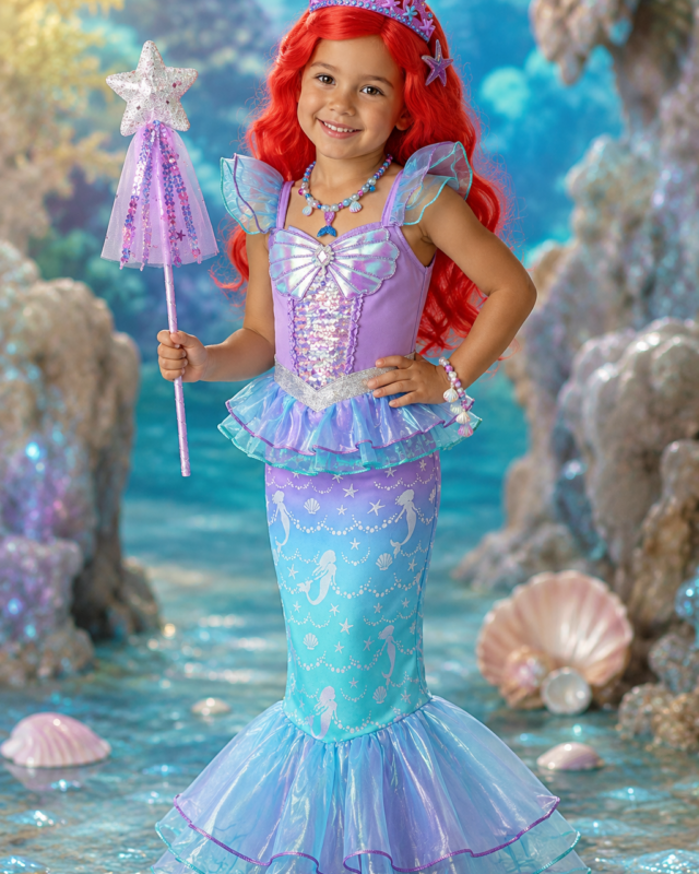 Under the Sea mermaid princess costume set for girls with purple and aqua mermaid dress, red wig, tiara, wand and jewelry