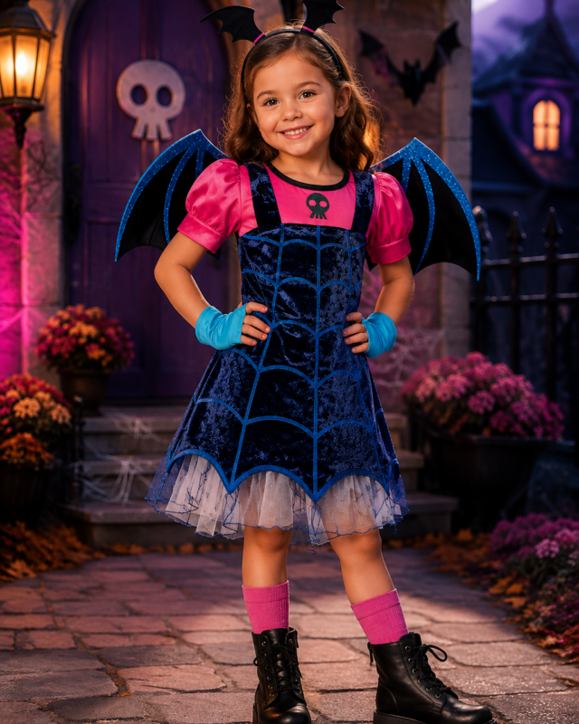 Vampirina costume dress and accessory set for girls with bat wings and headband
