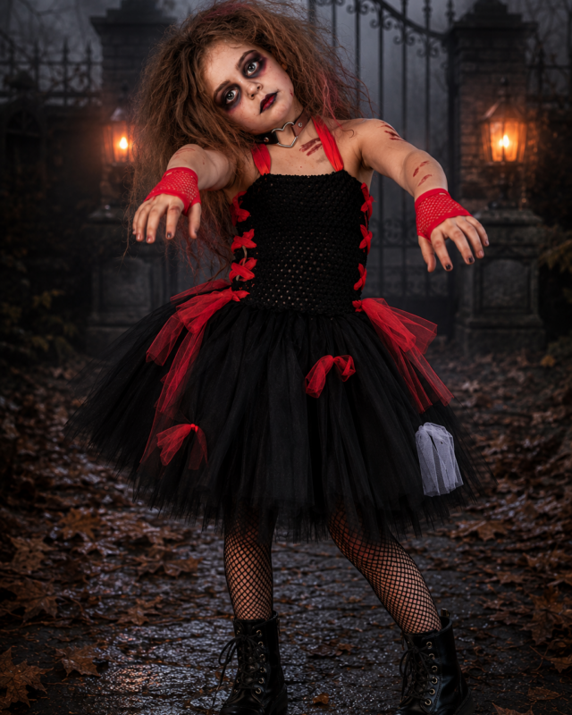 Zombie costume for girls with black and red tutu dress fishnet gloves and heart choker